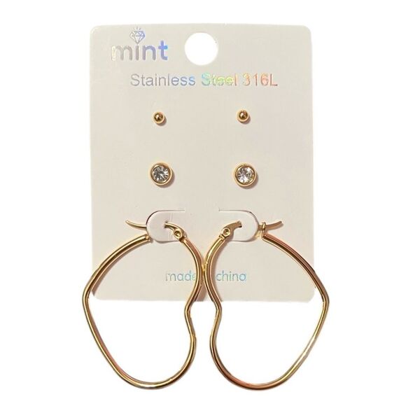 Mint Jewelry - Gold Stainless Steel Heart Hoop And Stud Earrings Set